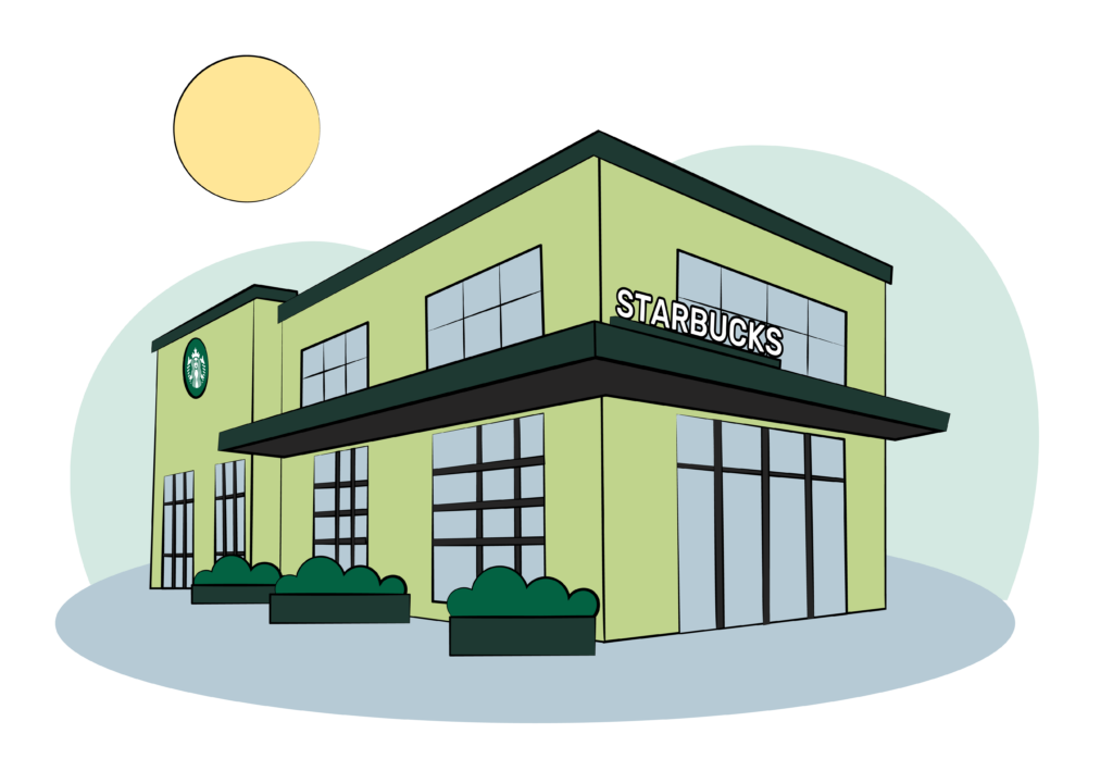 Illustrated image of a Starbucks with a sun behind it